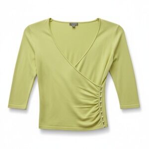 Ann Taylor Lime Green Ruched Wrap V-Neck 3/4 Sleeve Knit Sweater Top Small